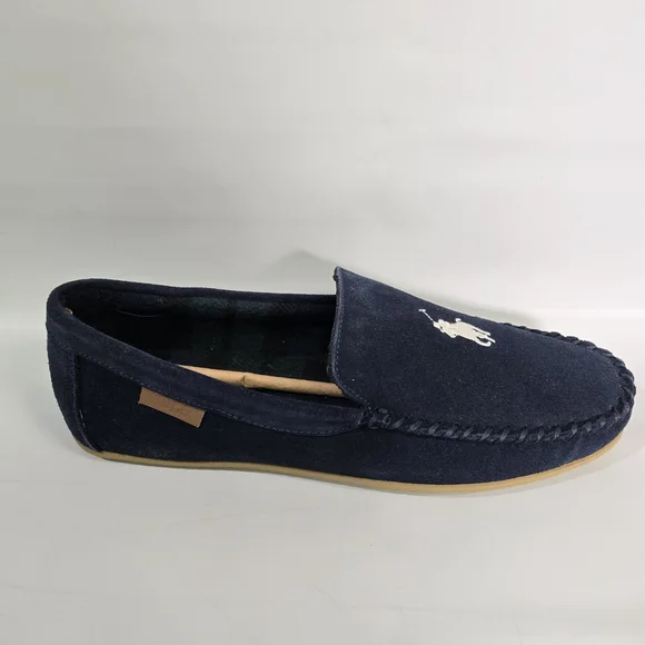 Polo Ralph Lauren Collins Suede Leather Slippers Mens 10 Navy Memory Foam NIB